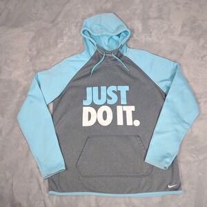 Nike Thermal Hoodie Women Large Gray Blue Pocket Just Do It Spell Out Sweatshirt